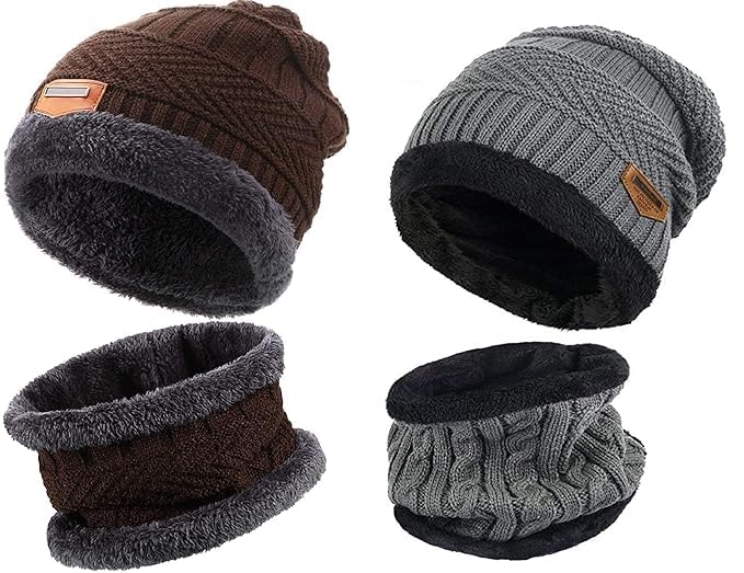 TRUFLAIR Woolen Beanie/Skull Cap & Neck Warmer (Muffler) Combo for Winters with Faux Fur Inner Side | Warm Hat | Hedging Hat Scarf Set |Air Proof Cap | Woolen Cap (in, Alpha, Free Size, Grey + Brown)