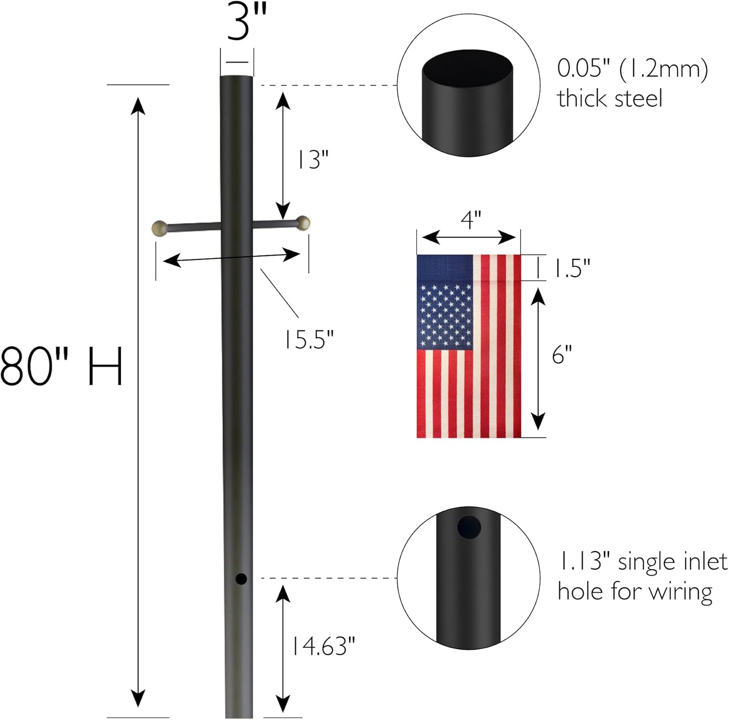 Design House Lamp Post with Plastic Cross Arm and Two 4"x6" American Flags, Textured Black, 590398