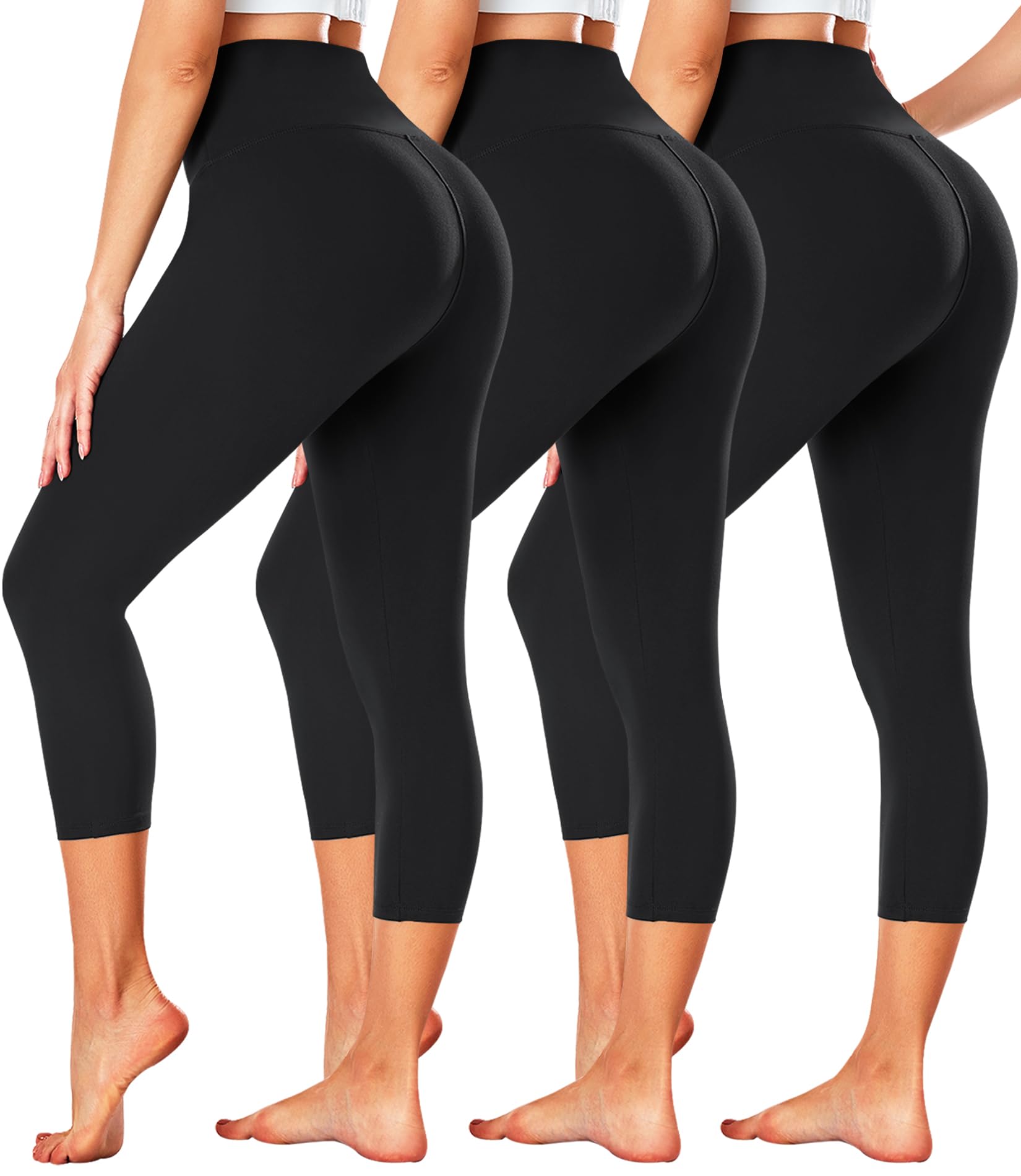 FULLSOFT 3 Pack Capri Leggings for Women - High Waisted Tummy Control Black Workout Yoga Pants