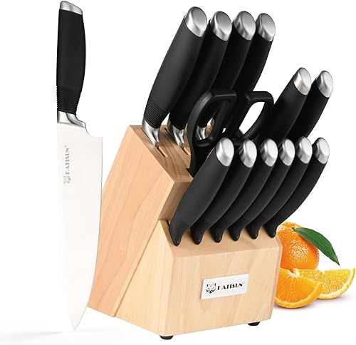 Miniatura 9 de KATISUN Juego de cuchillos de 15 piezas, acero alemán, duradero y apto para lavavajillas, juego de bloques de cuchillos con mango ergonómico con