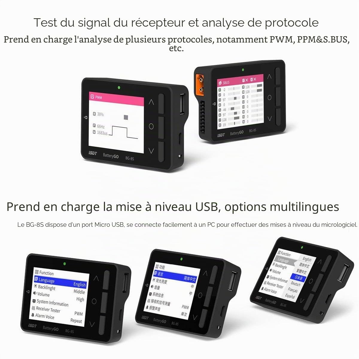 ISDT BG-8S Testeur de capacité de batterie, écran LCD, testeur de tension pour batteries LiPo/Life/Li-ion/NiMH/Nicd