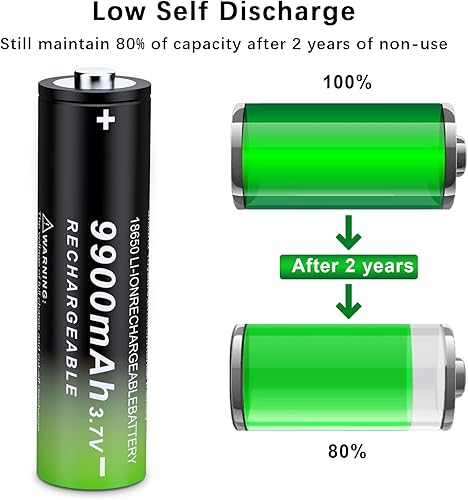 Miniatura 5 de Baterías recargables 18650 de 3.7 V, paquete de 2 baterías de gran capacidad para linterna, faros, juguetes, timbres de puerta, cámaras, etc. (botón