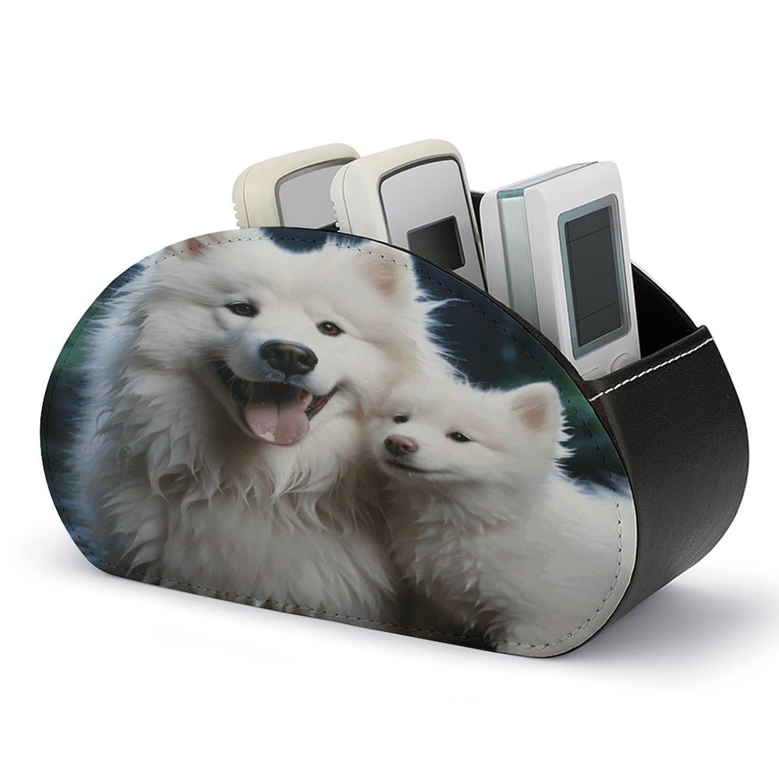 VstaDank White Dog Remote Holder with 5 Compartments TV Remote Caddy/Box PU Leather Multifunctional Office Desk Storage Box Bedside Table Desk Storage Organizer