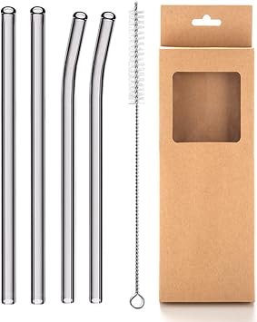 Reusable Glass Straws - 8mm Straight & Bent, 4 Pcs with Cleaning Brush, BPA Free Eco Friendly for Beverages, Shakes, Milk Tea, Juices, Cocktail Grey