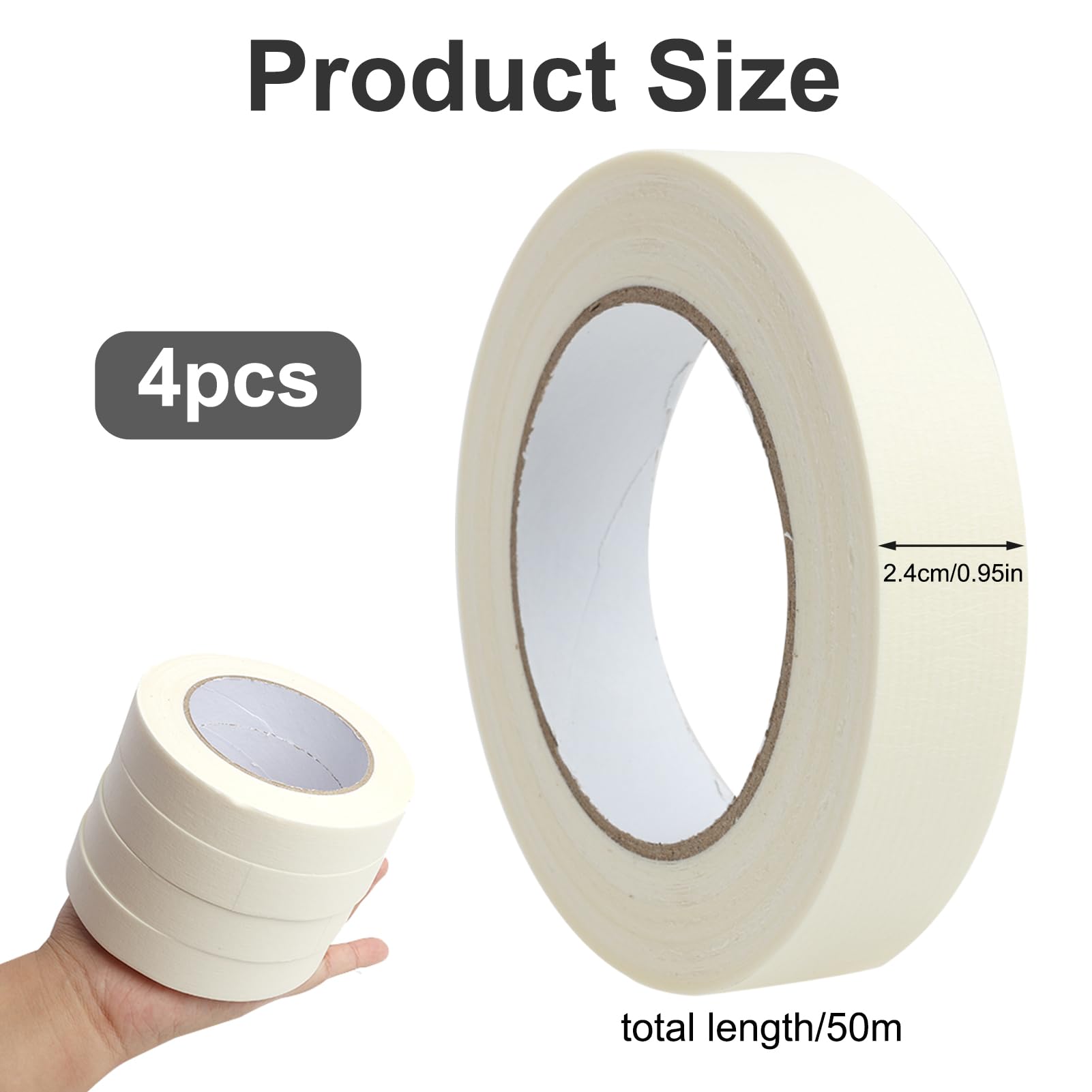 Lot de 4 rubans de masquage fins pour peinture, ruban de masquage blanc à haute adhérence pour décoration intérieure, peinture – 24 mm x 50 m