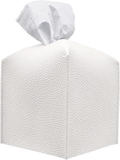 Carrotez PU Leather Tissue Box Cover - Modern White Square Holder for Bathroom Vanity, Nightstand, Desk & Car 5x5x5 Inch