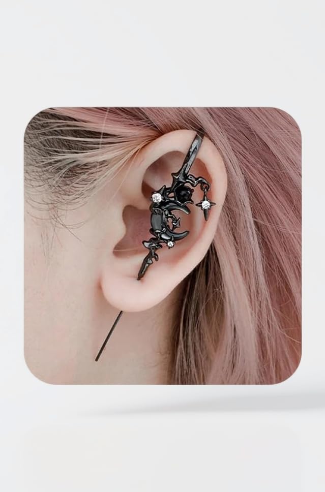 1Pcs Myth Ear Hook Needle Piercing Earring for Women Creative Moon Star Earring Fashion Ear Wrap Climber Stud Gothic Punk Halloween Moon Star Jewelry Gift