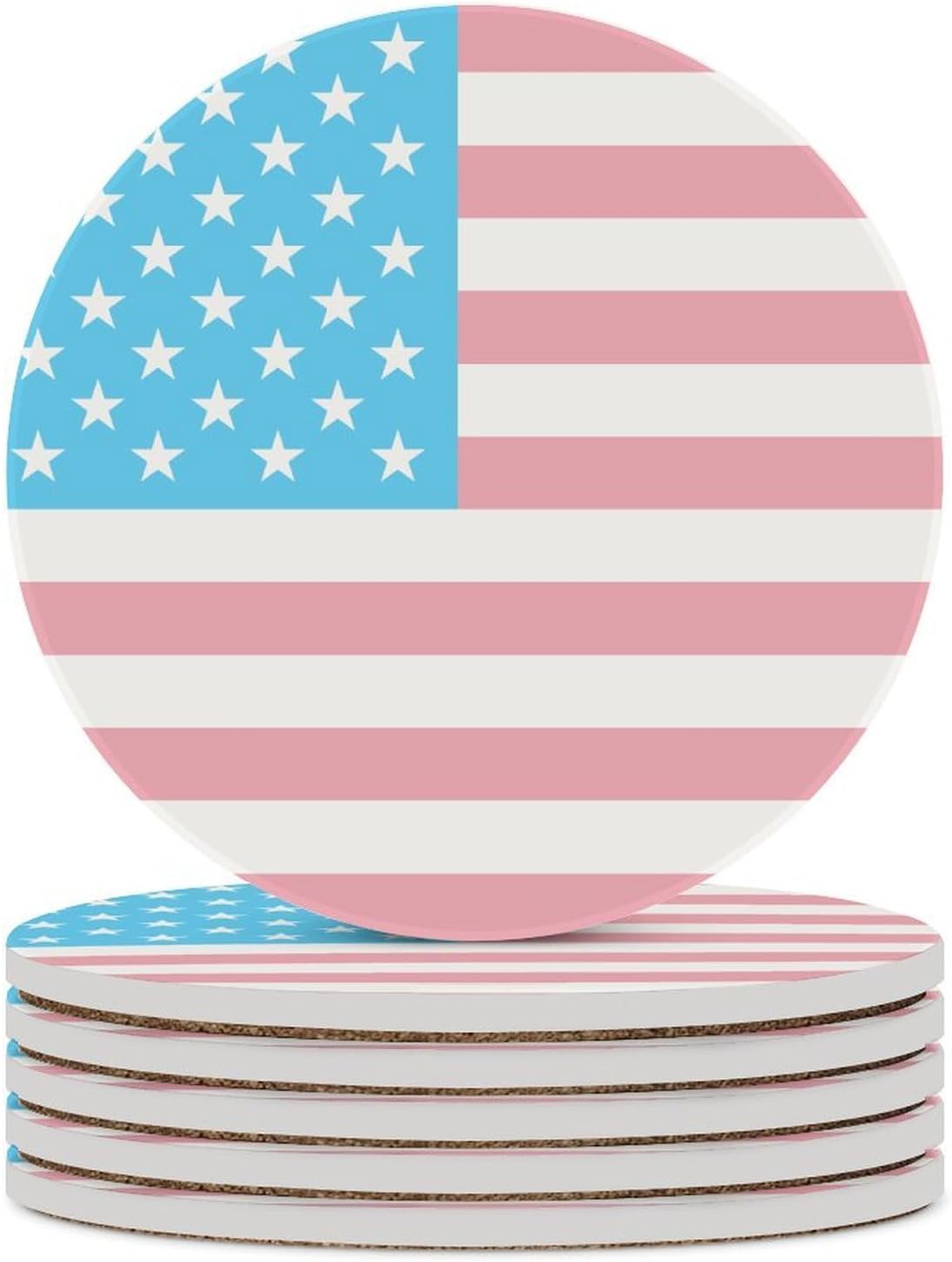 Trans Flag of U.S. Round Ceramic Coasters Print Drinks Absorbent with Cork Base for Home Decor Gifts 4 Inch