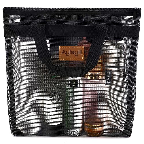 Hommtina 1 Pcs Shower Mesh Caddy Bag Quick Dry Hanging Toiletry and Bath Organizer for Travel and Swimming with Zipper (Black)