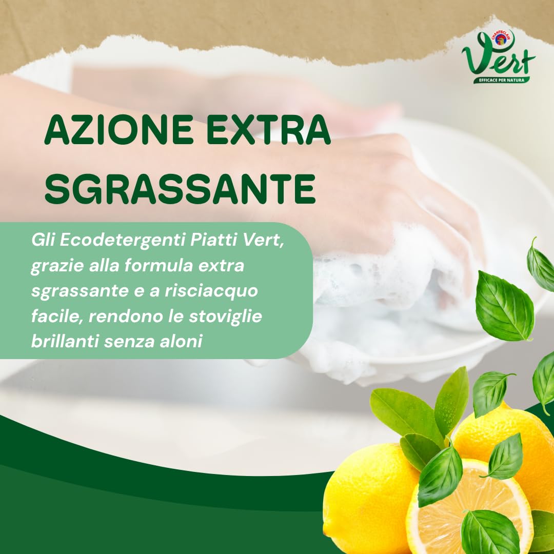 Vert di Chanteclair - Ecodetergente Piatti, Limone e Basilico - Ipoallergenico, Metal tested,100% Attivi di Origine Vegetale, Formula Sgrassante - 12 Flaconi da 500 ml