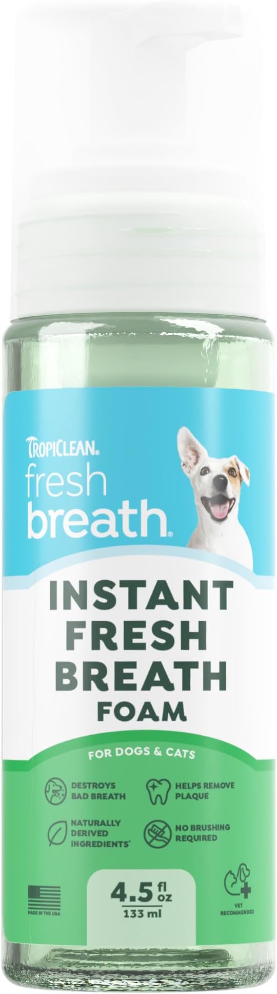 TropiClean Fresh Breath Dog Teeth Cleaning Foam - Dental Care Solution - Breath Freshener Oral Care - Foam for Bad, Smelly Dog Breath - Derived from Natural Ingredients, Mint, 4.5oz
