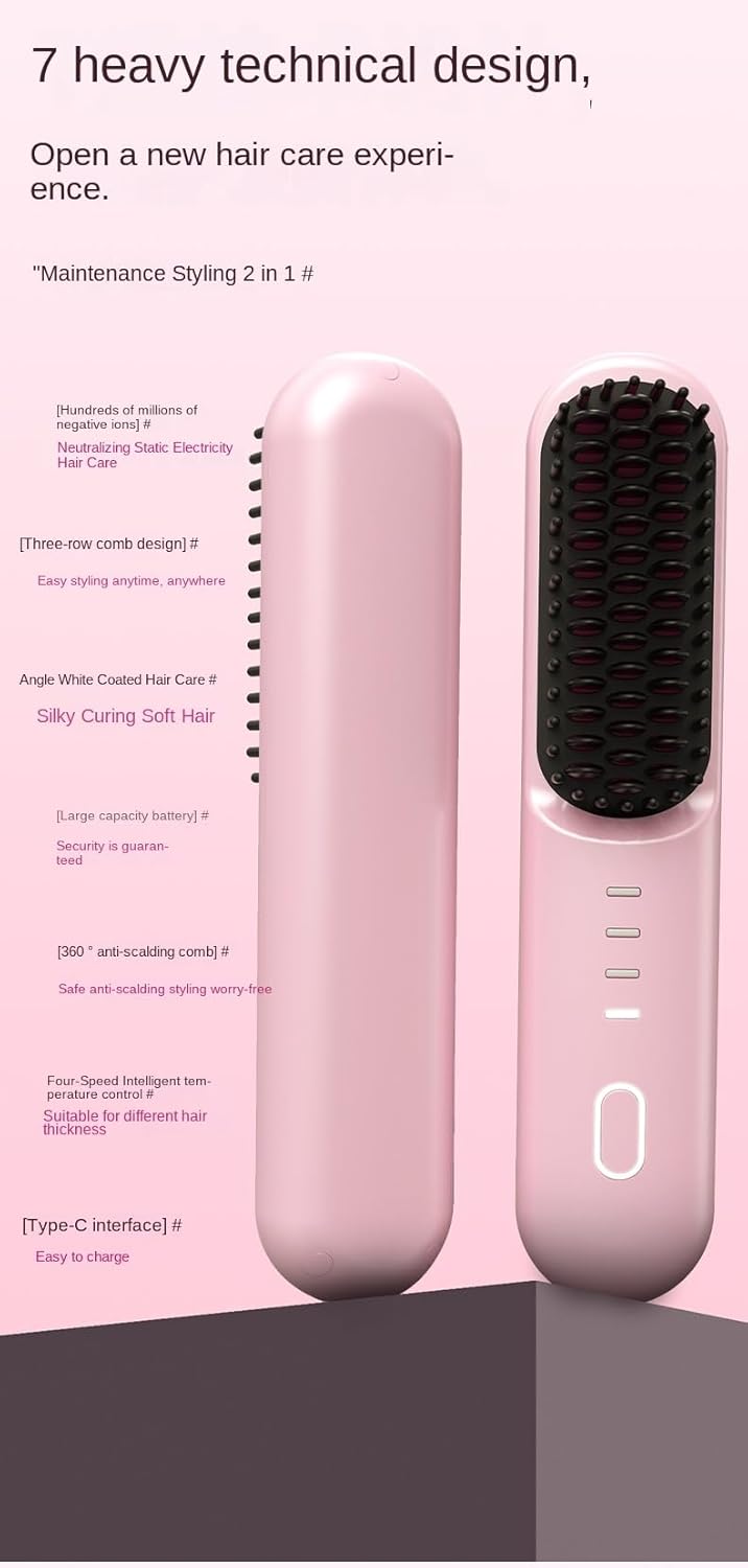 Go Brush Pro, 2026 Cordless Hair Straightener Brush,Portable Straightener Brushs for Travel, with LCD Temperature Display，Fast Heating Cordless Mini Hair Brushs Styling Tools (Light Yellow)