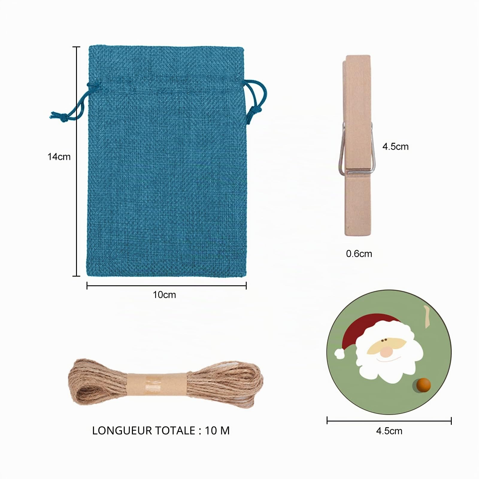 Carehabi - 24 calendriers de l'Avent à remplir, sacs en tissu, calendrier de Noël (24 sacs en tissu, 48 autocollants chiffres de l'Avent, 24 pinces en bois, 10 m de corde de chanvre) Lin/Vert/Bleu