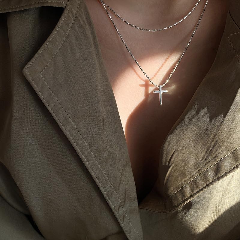 Aluinn Silver Layered Rope Necklace for Women Simple Silver Cross Pendant Choker Chain Necklace Cute Tiny Trendy Necklaces Jewelry Gift for Women - Image 3