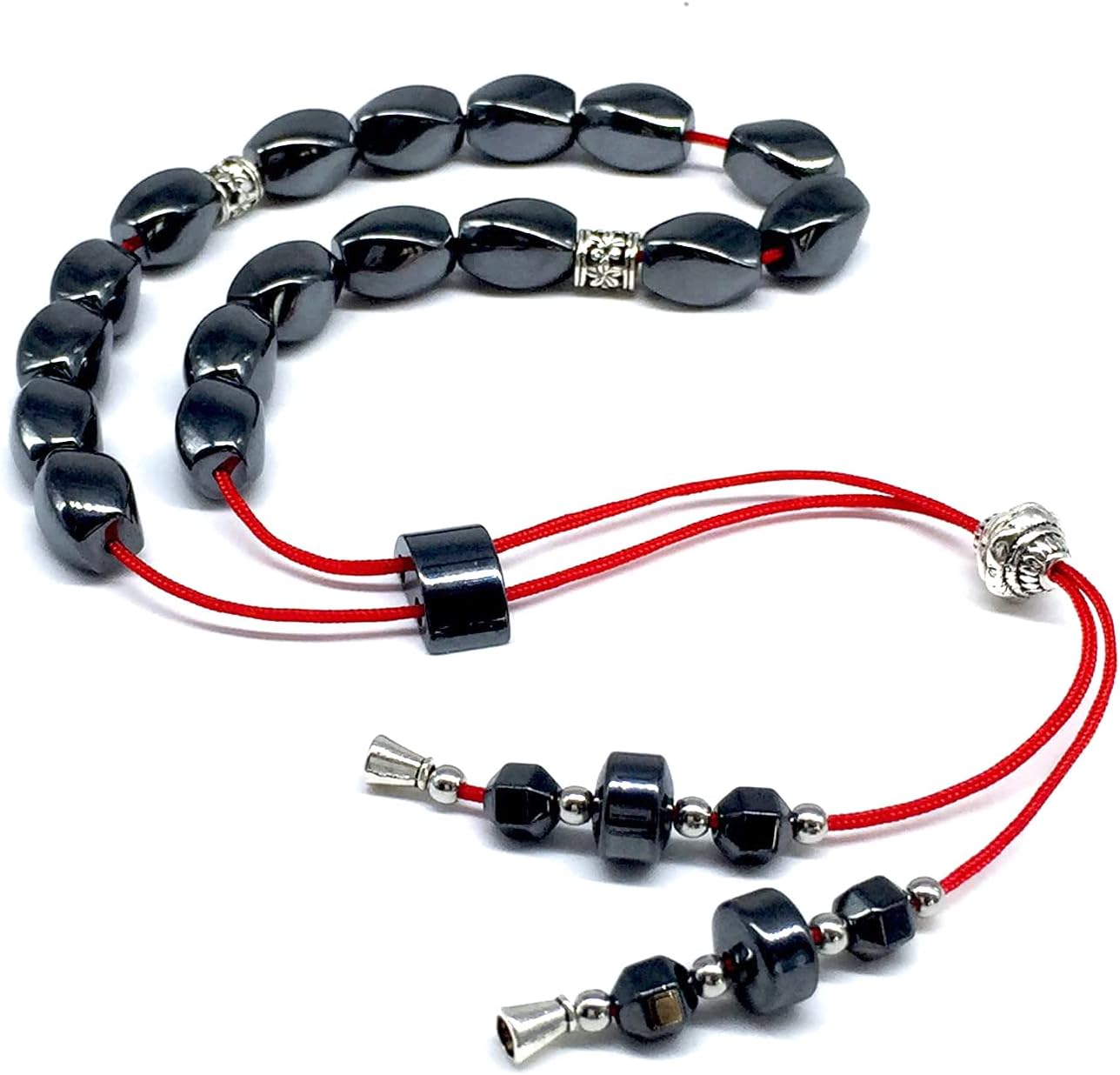 Design - Greek KOMBOLOI Series Worry Beads Begleri Pony Anxiety Beads Rosary Relaxation Stress Relief (Black Hematite Twisted Oval -12x8 mm- 17 Beads)