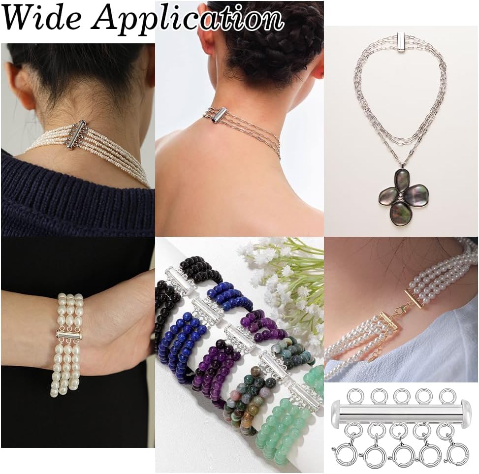 PH PandaHall 925 Sterling Silver Necklace Layering Clasp Layered Detangler Clasp 5 Strands Necklace Connectors Stacker Clasps with Slide Lock Clasps for Bracelet Jewellery Making, 30mm