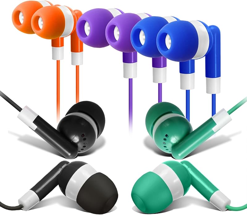 Keewonda 100 Pack Bulk Earbuds Headphones Assorted 5 Colors Individually Wrapped Disposable Earphones for Classroom, School, Library, Hospital, Students, Kids - 3.5mm Jack Tangle-Free image 3
