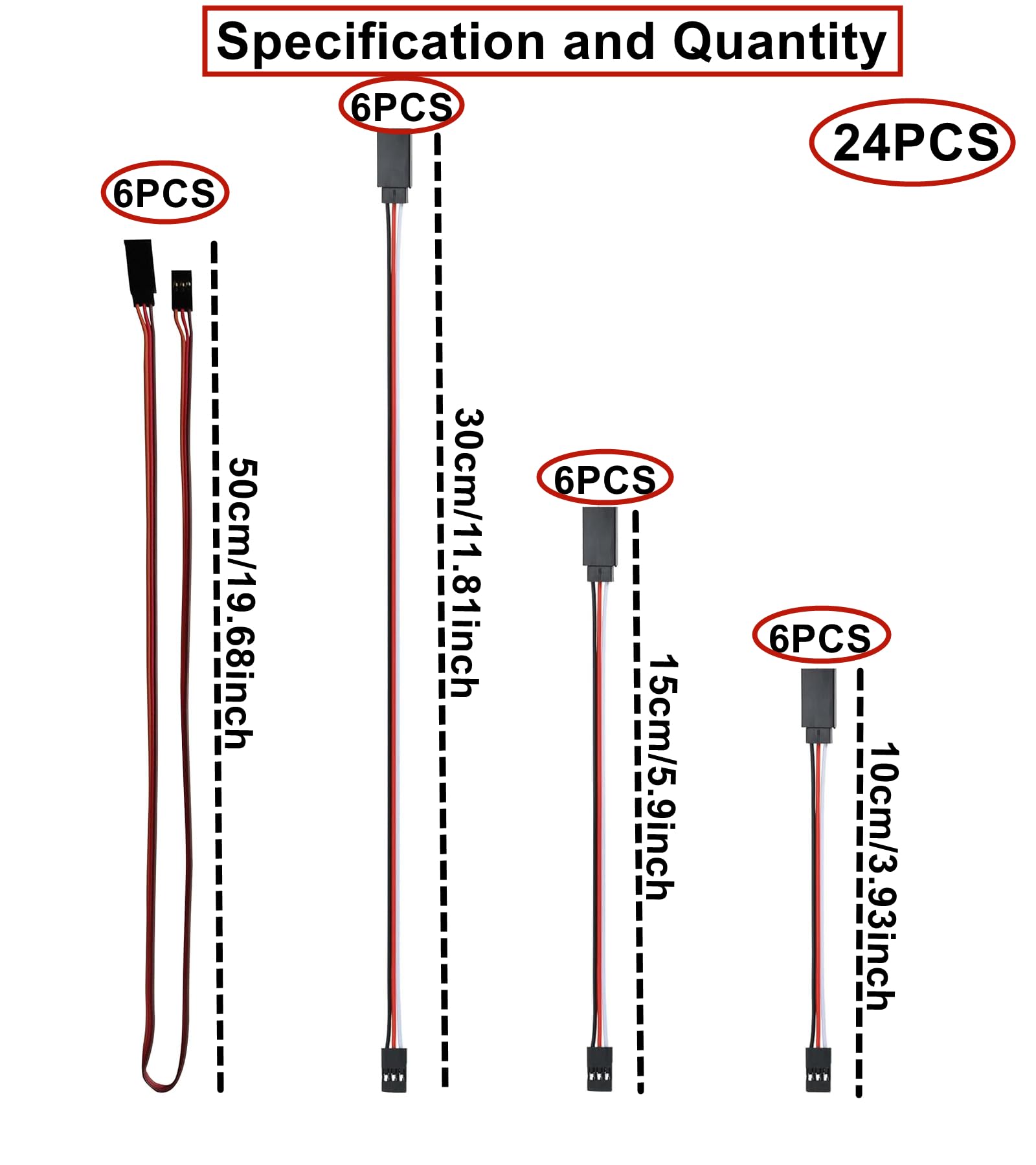 HUAZIZ 24 sztuki RC Servo Extension Cable, 4 rozmiary 10 cm/15 cm/30 cm/50 cm wtyczka do gniazda 3-biegunowy przedłużacz serwo do Futaba JR Servo Extension przyłącze