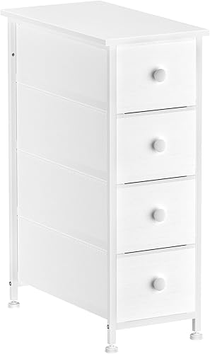 Torre de almacenamiento estrecha con 4 cajones de tela extraíbles, cómoda delgada con marco de acero, parte superior de madera, perilla, cómoda