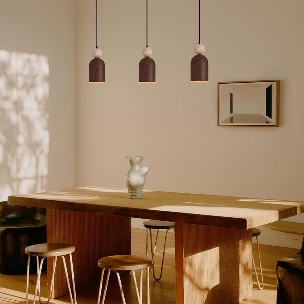 Lampa wisząca z żelaza z drewna słojowego do wyspy kuchennej Regulowana lampa wisząca z żółtym akcentem trawertynu E27 Oprawa sufitowa w kształcie kropli Minimalistyczna lampa sufitowa do wnętrz