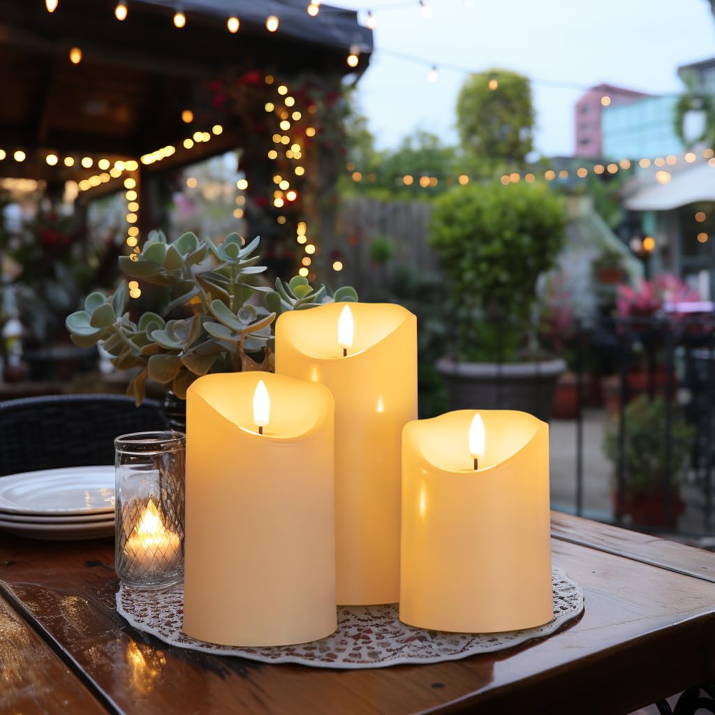 Candele tremolanti senza fiamma con telecomando, candele in vera cera a batteria con timer, set di 3 candele a LED per matrimonio/compleanno/decorazione della casa (avorio)