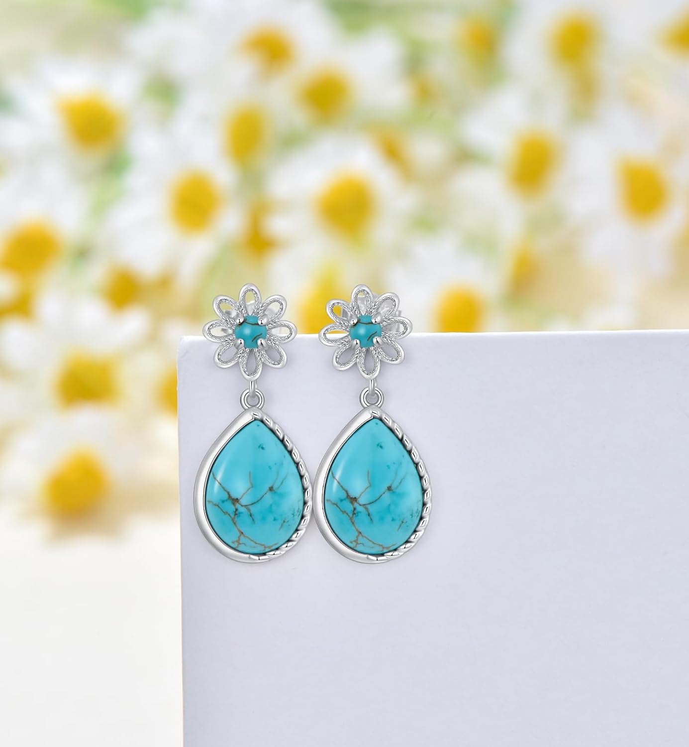 Genuine Turquoise Dangle Daisy Earrings for Women, Sterling Silver Vintage Native American Western Jewelry Teardrop Earrings - Image 2