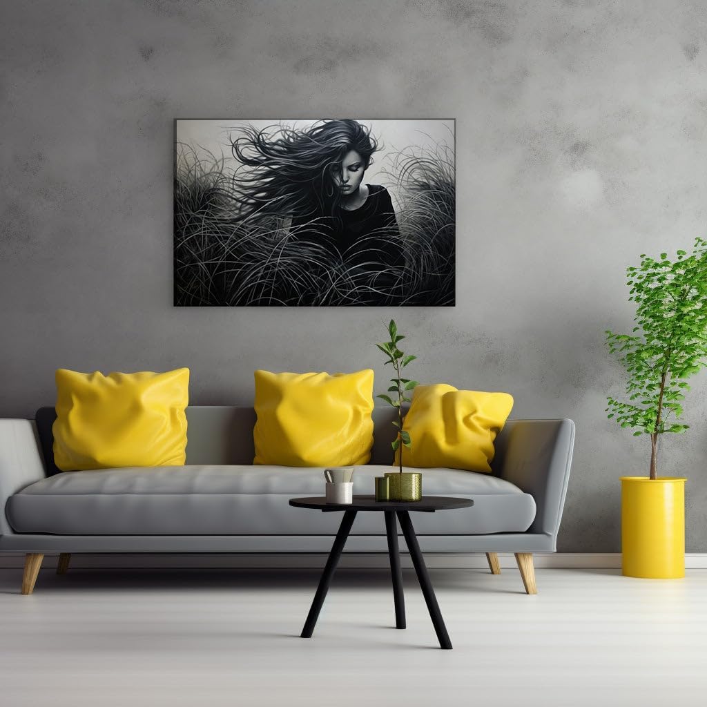 Canvas for Living room. Whispers in the Grass: A Serene Portraiture in Monochrome, 27 x 18 inch Canvas Wall Art - Contemporary Masterpieces - Modern Home Decor
