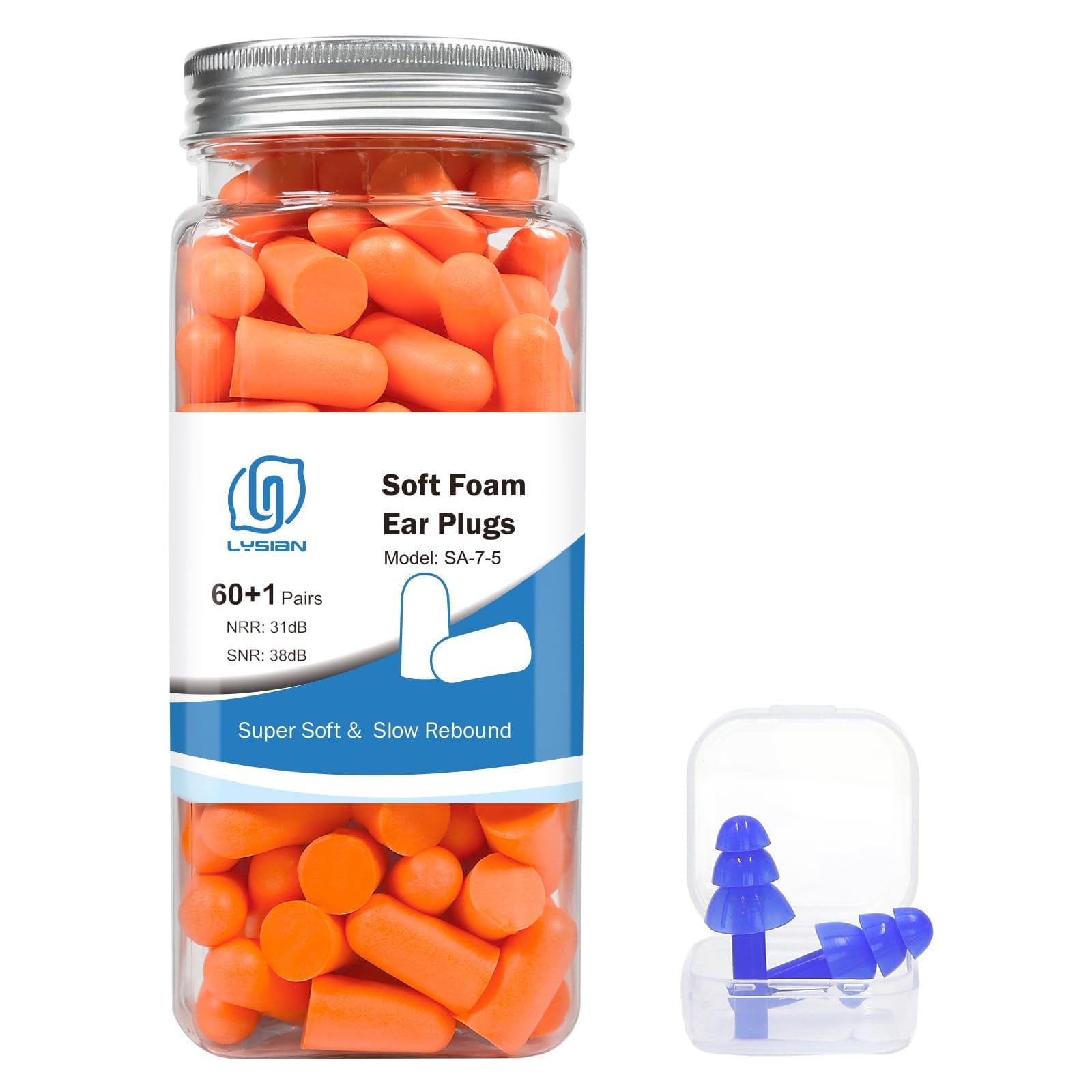 LYSIAN Soft Foam Earplugs 38dB SNR, 60 Pairs, Disposable Noise Cancelling Ear Plugs for Snoring, Work, Sleeping, Industrial, Shooting Range Hearing Protection- Orange