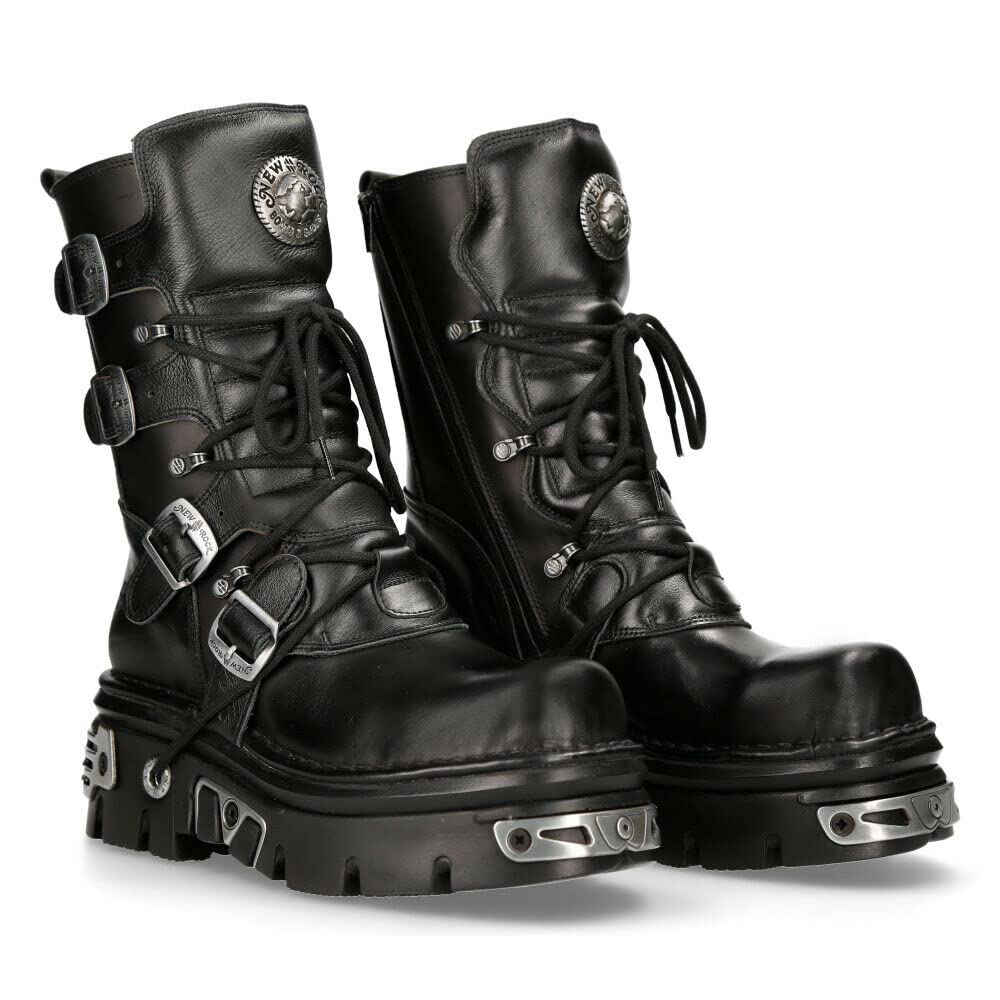 New Rock 373-S4 Bottes Gothiques Mi-Mollet Punk Gothiques en Cuir Noir Métallisé Avec Lacets et Fermeture à Boucle