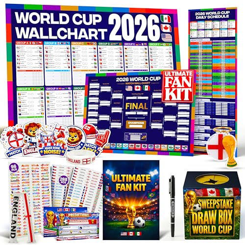 World Cup Wall Chart 2026 Ultimate Fan Kit (England Edition) A1 Football Championship Wall Planner Match Schedule Poster 288 Country Stickers 96 Action Stickers Sweepstake Kit Predictions Cards