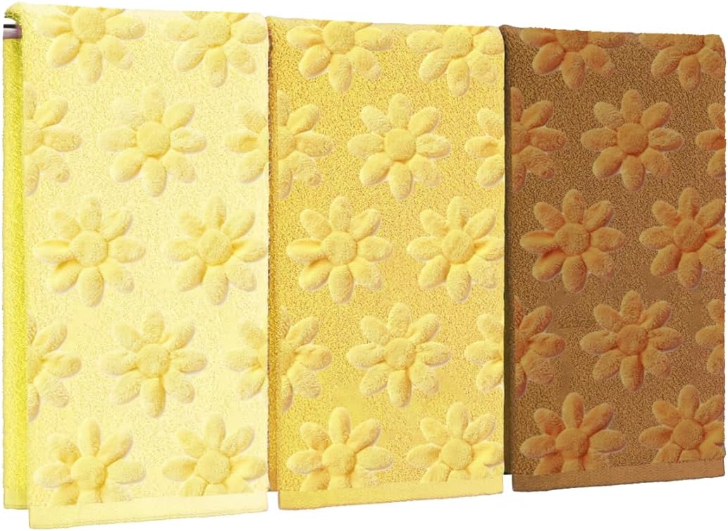 Whaline 3枚 ヒマワリハンドタオル 3Dジャカードコットンタオル 吸収性イエローブラウンフローラルディッシュタオル 春夏キッ