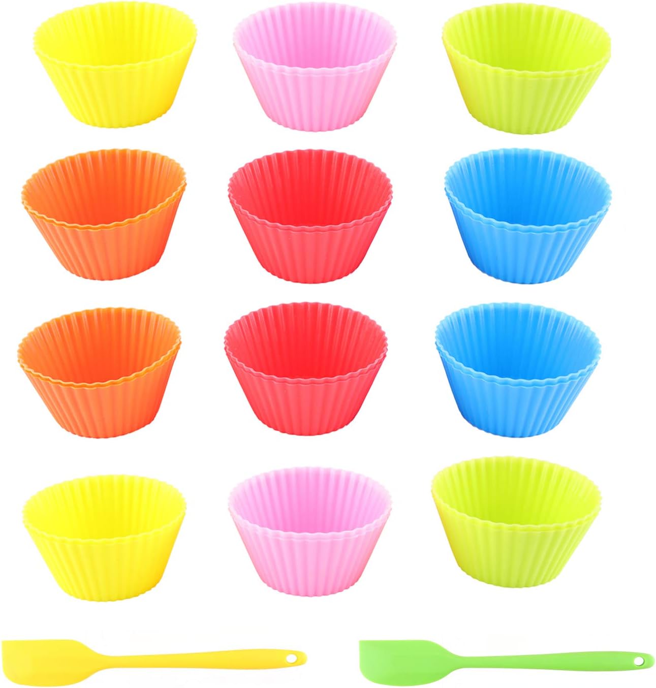12 Pack Silicone Baking Cups with 2 Pack Silicone Spatulas, DesignerBox Large Reusable Silicone Cake Molds Cupcake Liners Tins Bread Moulds Muffin Cases (Set 1)