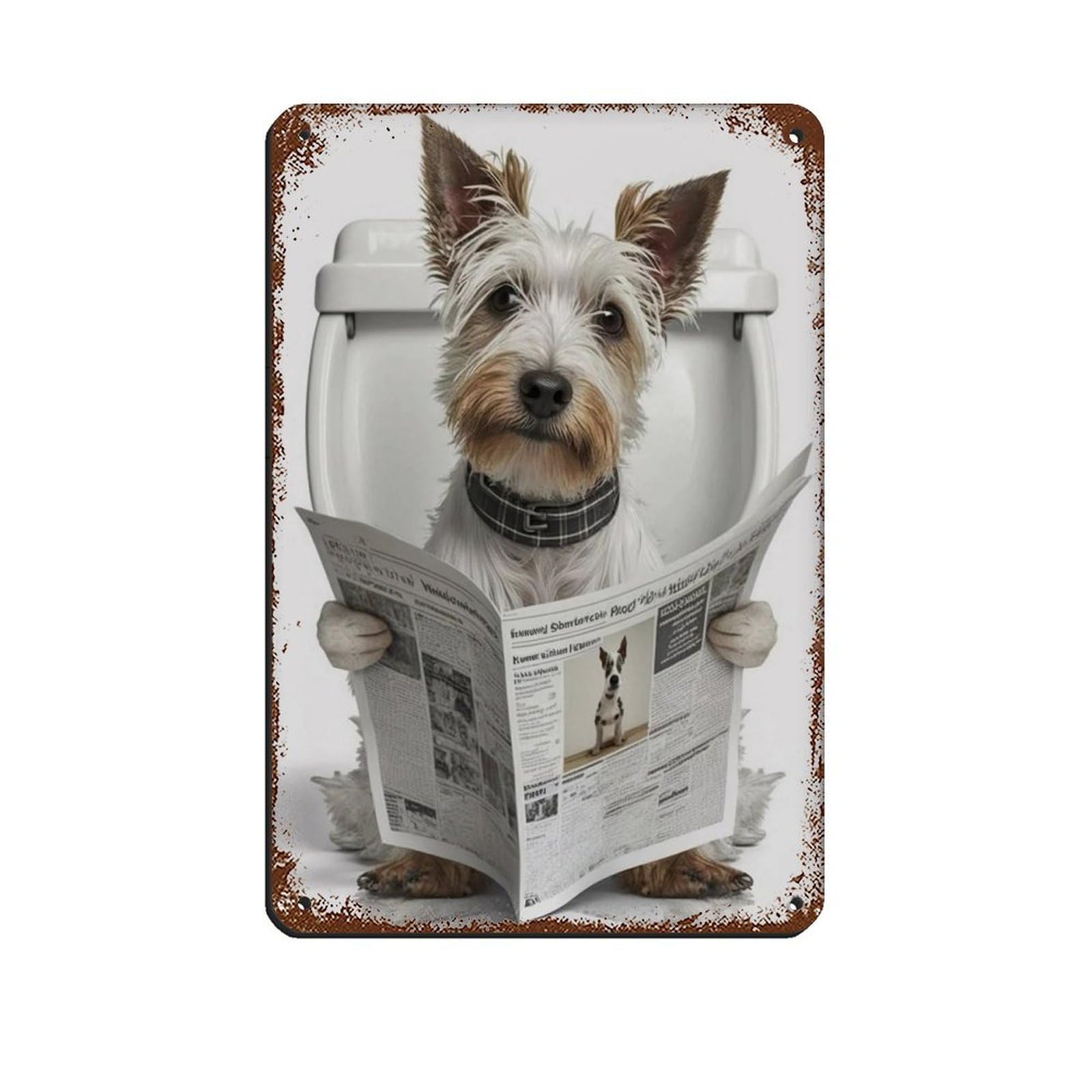 Terrier Sitting on The Toilet Reading A Newspaper Tin Sign Vintage Metal Pub Club Cafe Bar Home Wall Art Decoration Poster Retro 8x12inch(20x30cm)