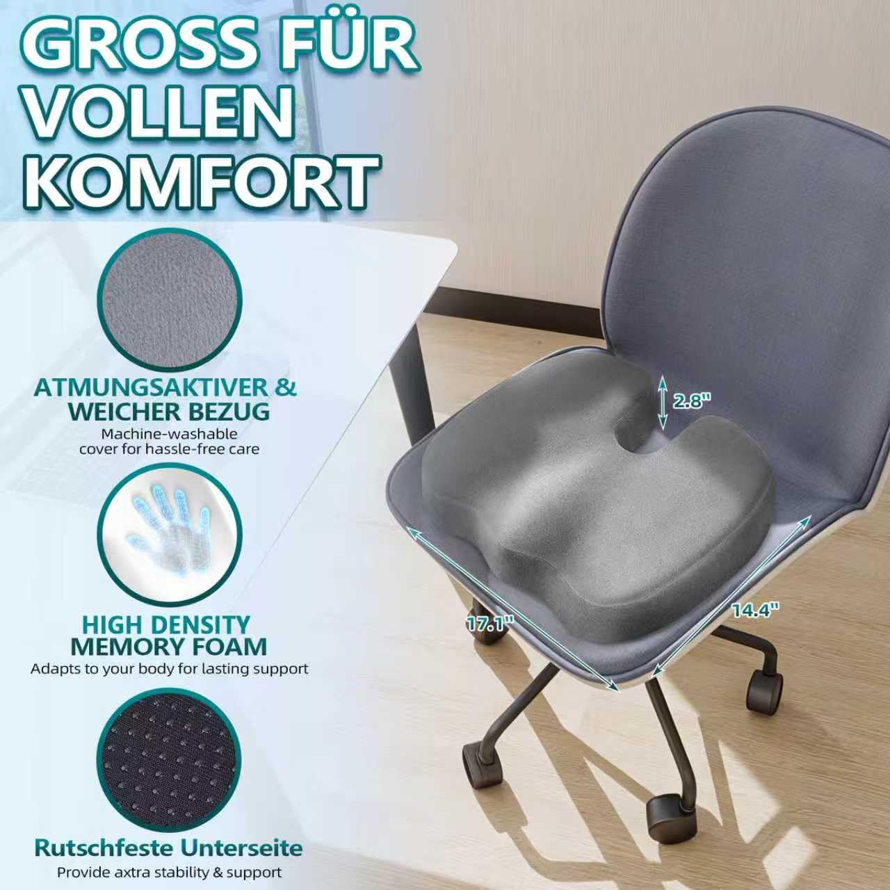 Cojín ortopédico de espuma viscoelástica – Cojín ergonómico para silla de oficina y coche para aliviar la presión y comodidad durante largos períodos de sentado, antideslizante y lavable