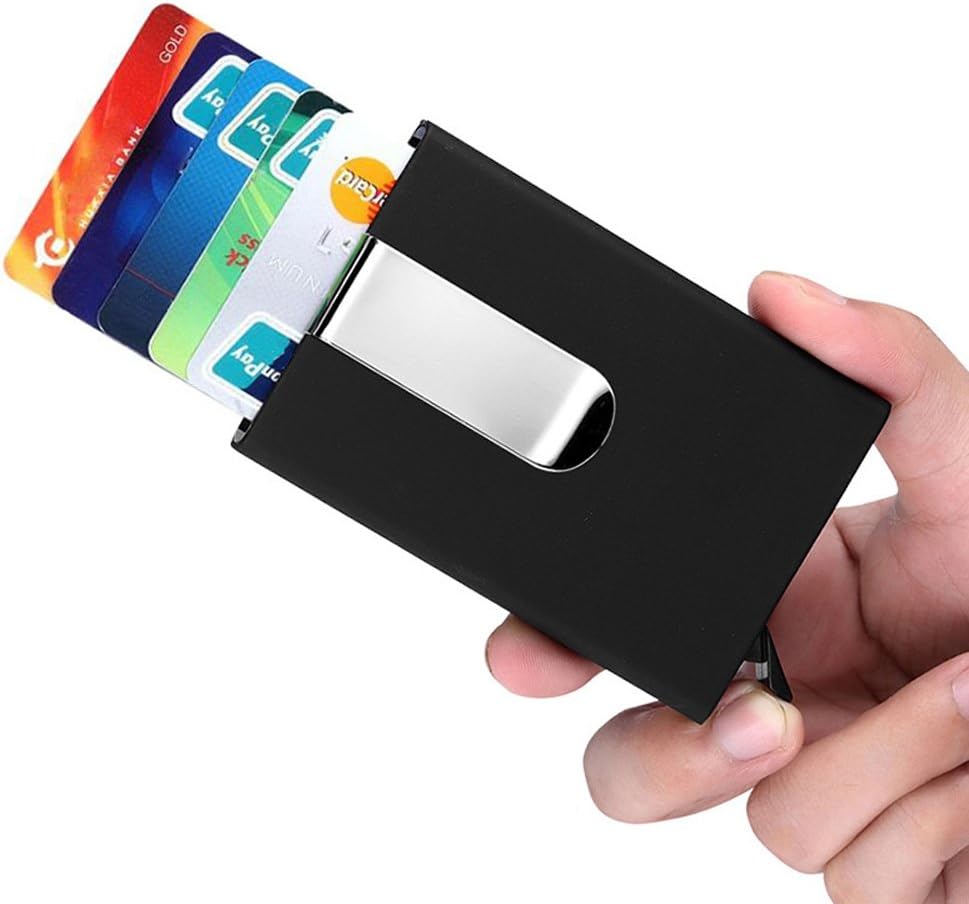 New! Business Credit Card Holder ID Case Sleeve Automatic Pop-up with Money Clip Slim Wallet for Men, Black