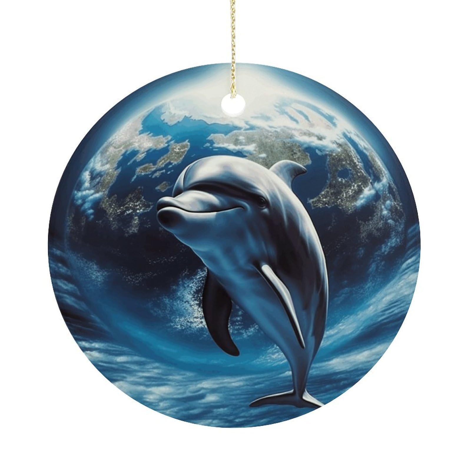 Dolphin Earth Christmas Ornaments Colorful Round Ceramic Ornament Christmas Hanging Decor Christmas Tree Decorations Xmas Keepsake for Women Men Xmas Holiday Party