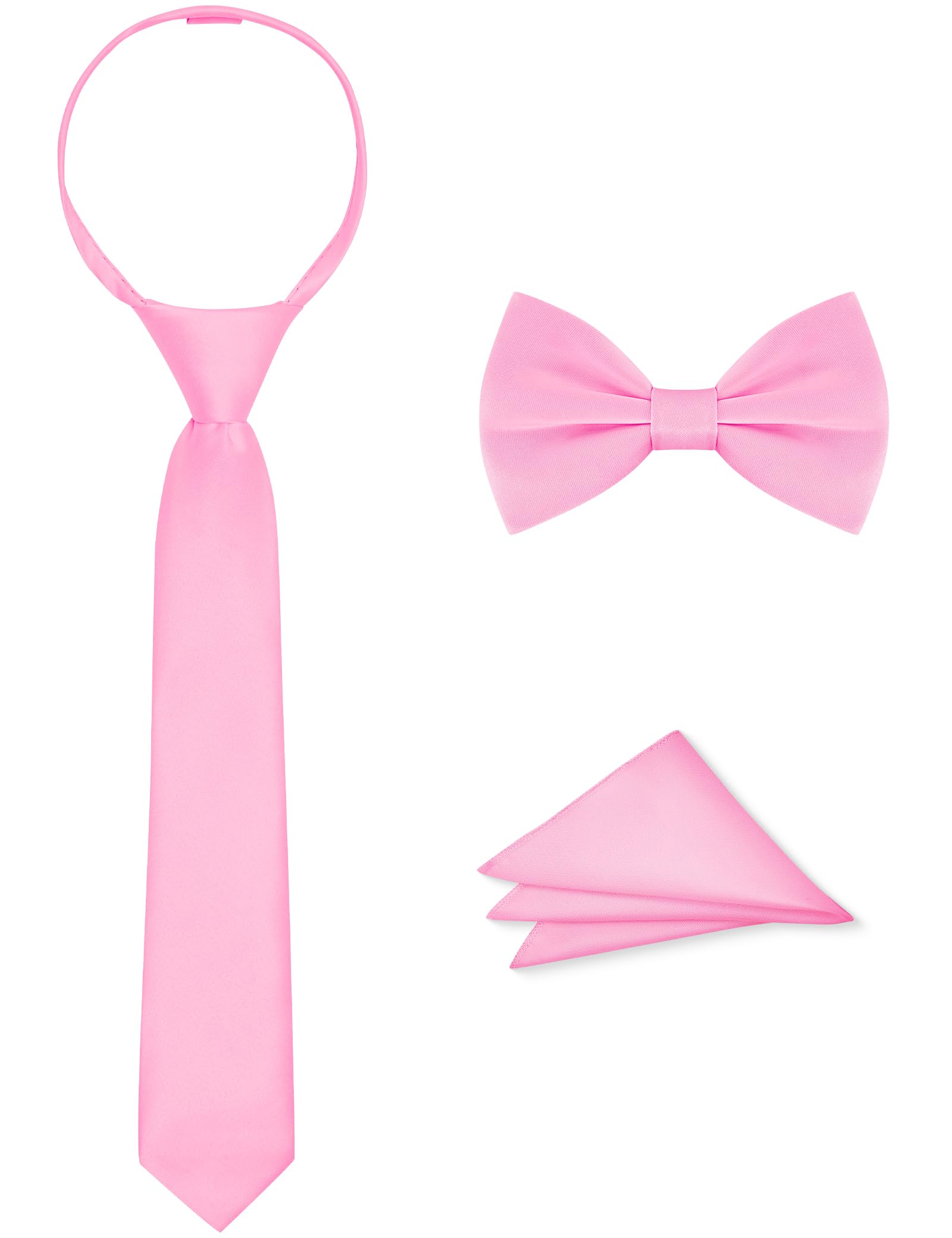 Boys Tie Set, Bow Tie &amp; Pre-Tied Zipper Necktie, Pocket Square