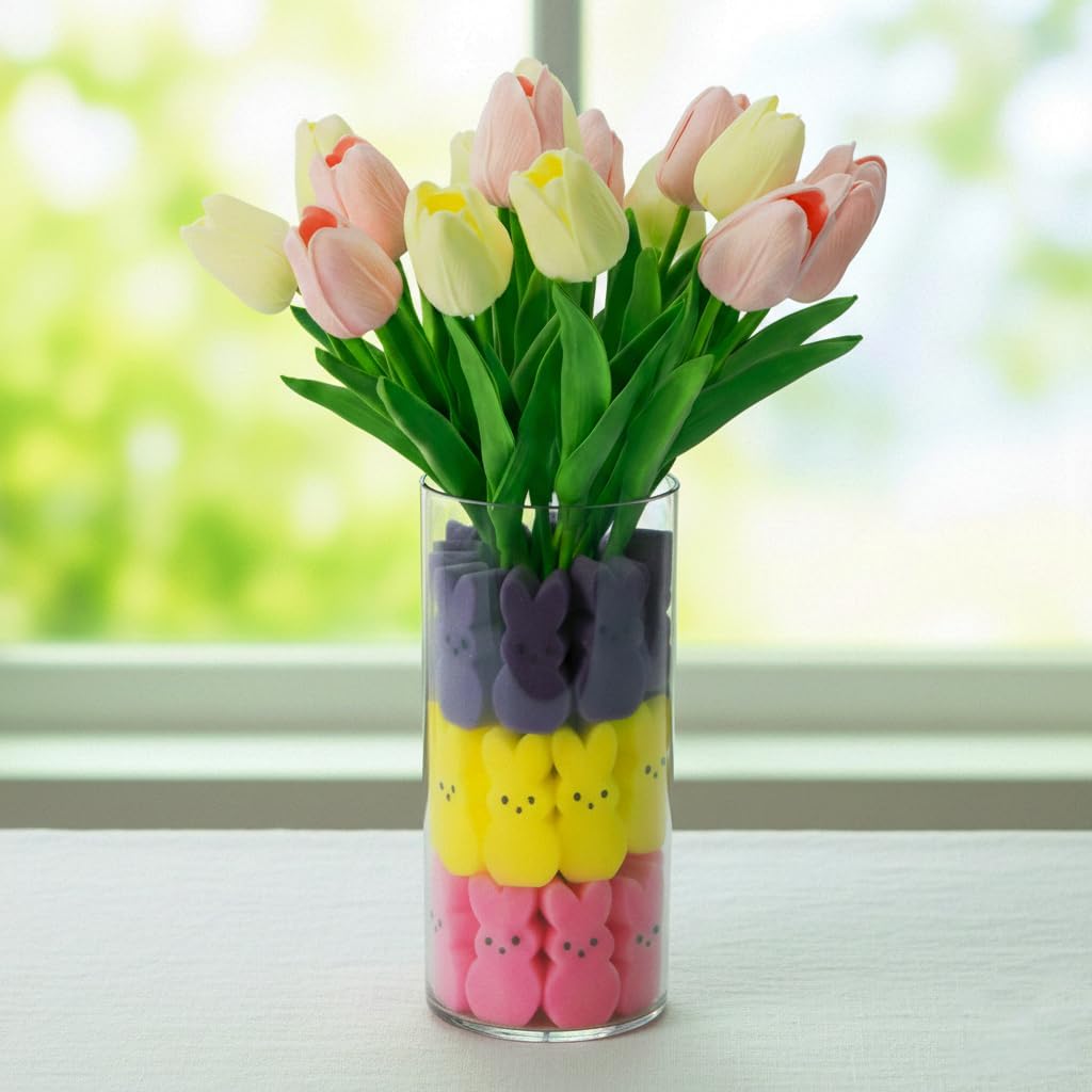 Spring Tulip Centerpiece with Vase, 27pcs Foam Bunny Filler & 16pcs Artificial Tulips, Floral Arrangement for Farmhouse Table Decor, Acrylic Vase Flower Set for Living Room Mantel Kitchen
