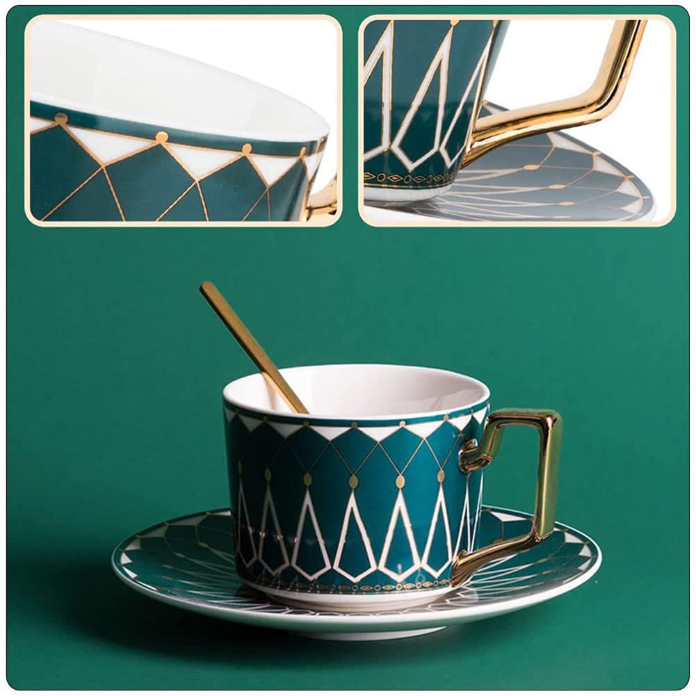 Tazas y platillos de café de Estilo Europeo con Cuchara, Tazas de té Reales de cerámica, Juego de Tazas de té con Flores Retro (Verde)