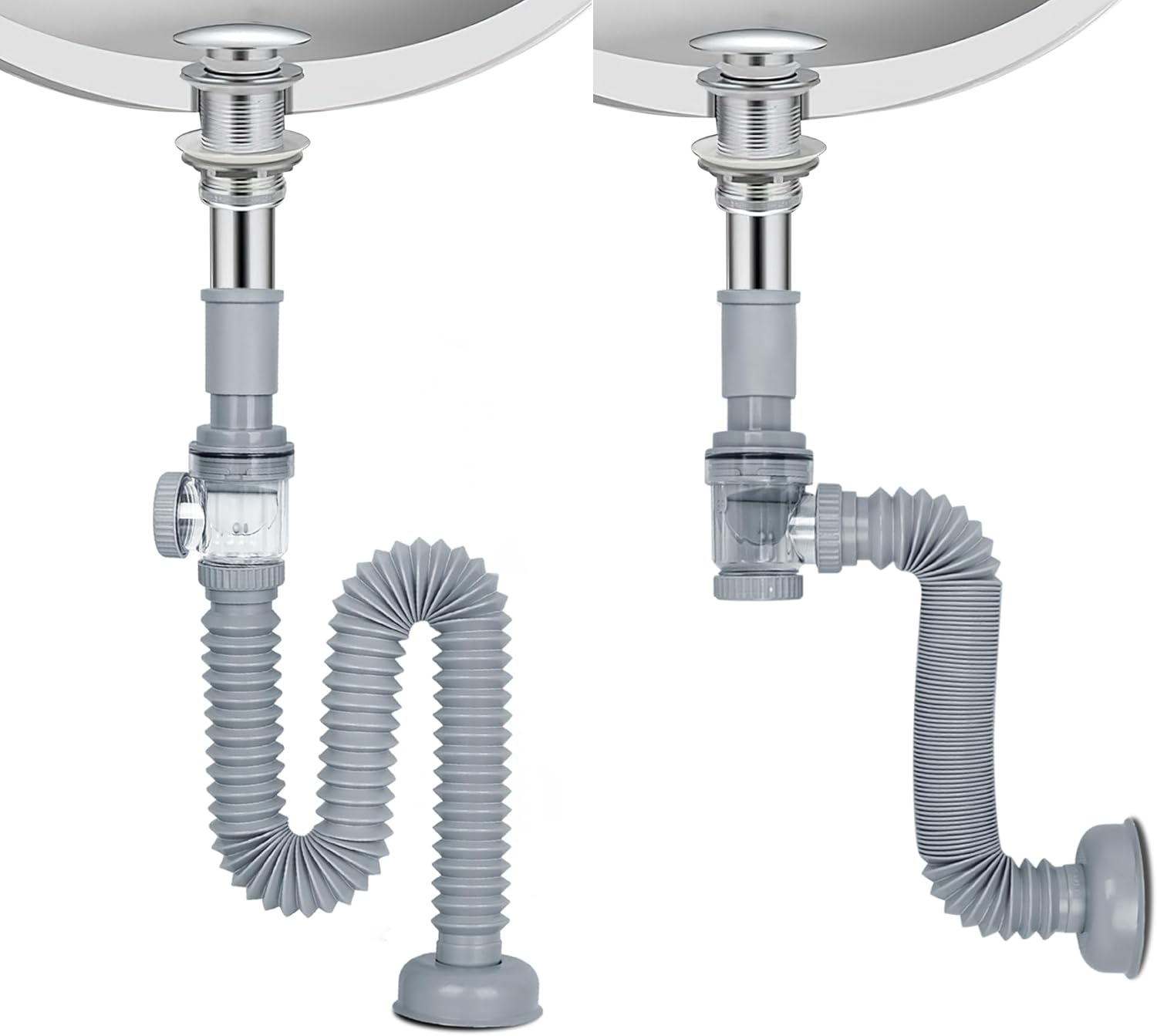 1-1/4" Bathroom Sink Drain, Universal Sink Drain Pipe W/Cleanout, P-Trap Backflow Prevention Flexible Sink Drain Kit, Expandable 10"-30" Tubing Pipe for Kitchen & Bathroom