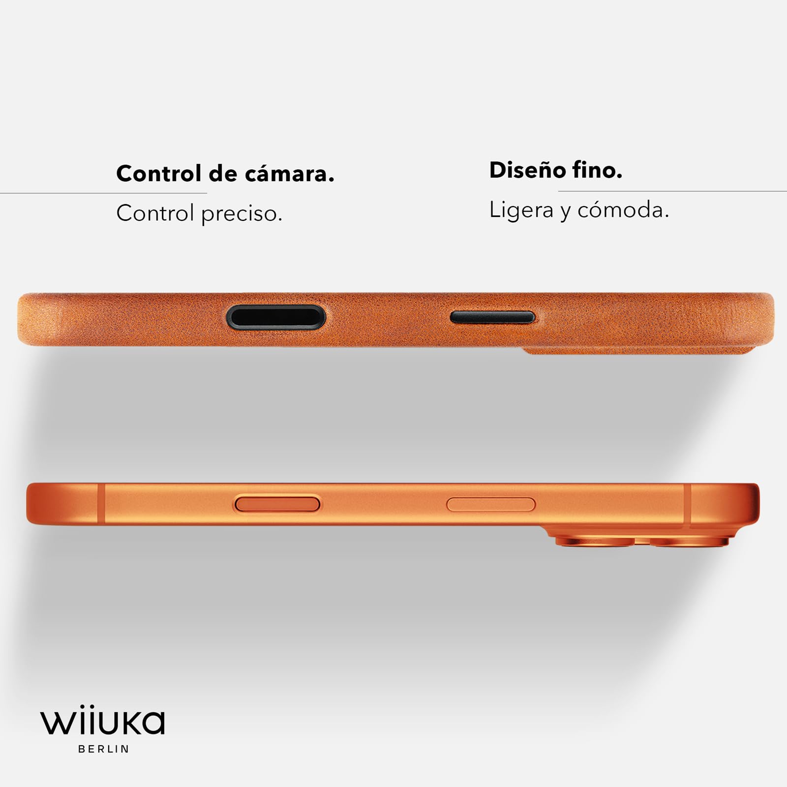 WIIUKA Funda para iPhone 17 Pro Max, piel de Alemania, protección de 360°, funda de piel extra fina, funda premium para teléfono móvil, funda Qi, skiin More VL, coñac vintage