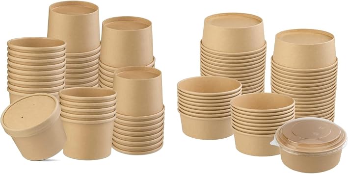 12 oz 50 Pack Paper Soup Cup and 50 Pack 25 oz Kraft Paper Bowls