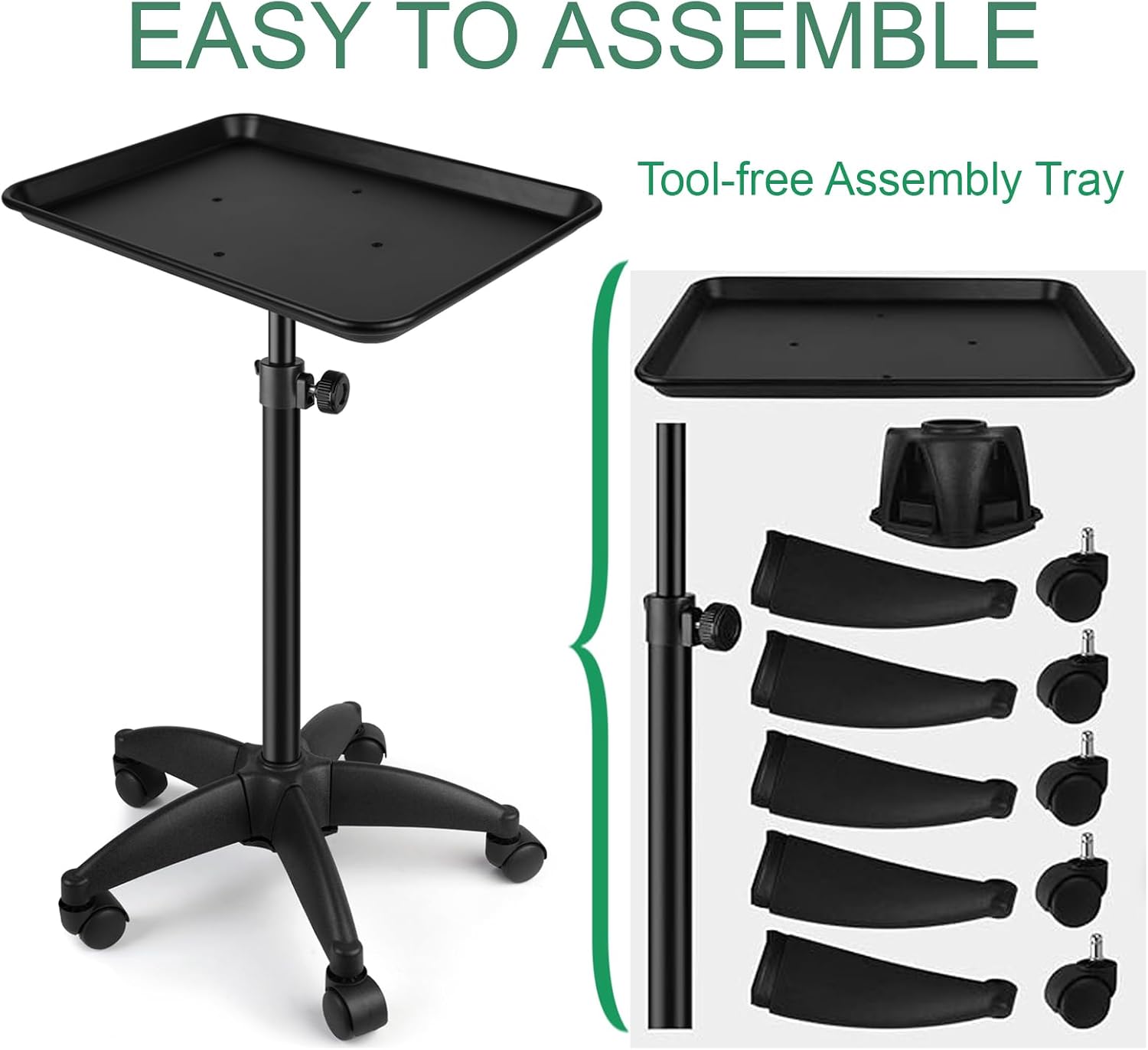 Salon Tray Cart on Wheels，Height Adjustable Trolley Cart is Used for Hair Salon,Beauty Spa,Tattoo Work Table and Hair Stylist Storage (Black