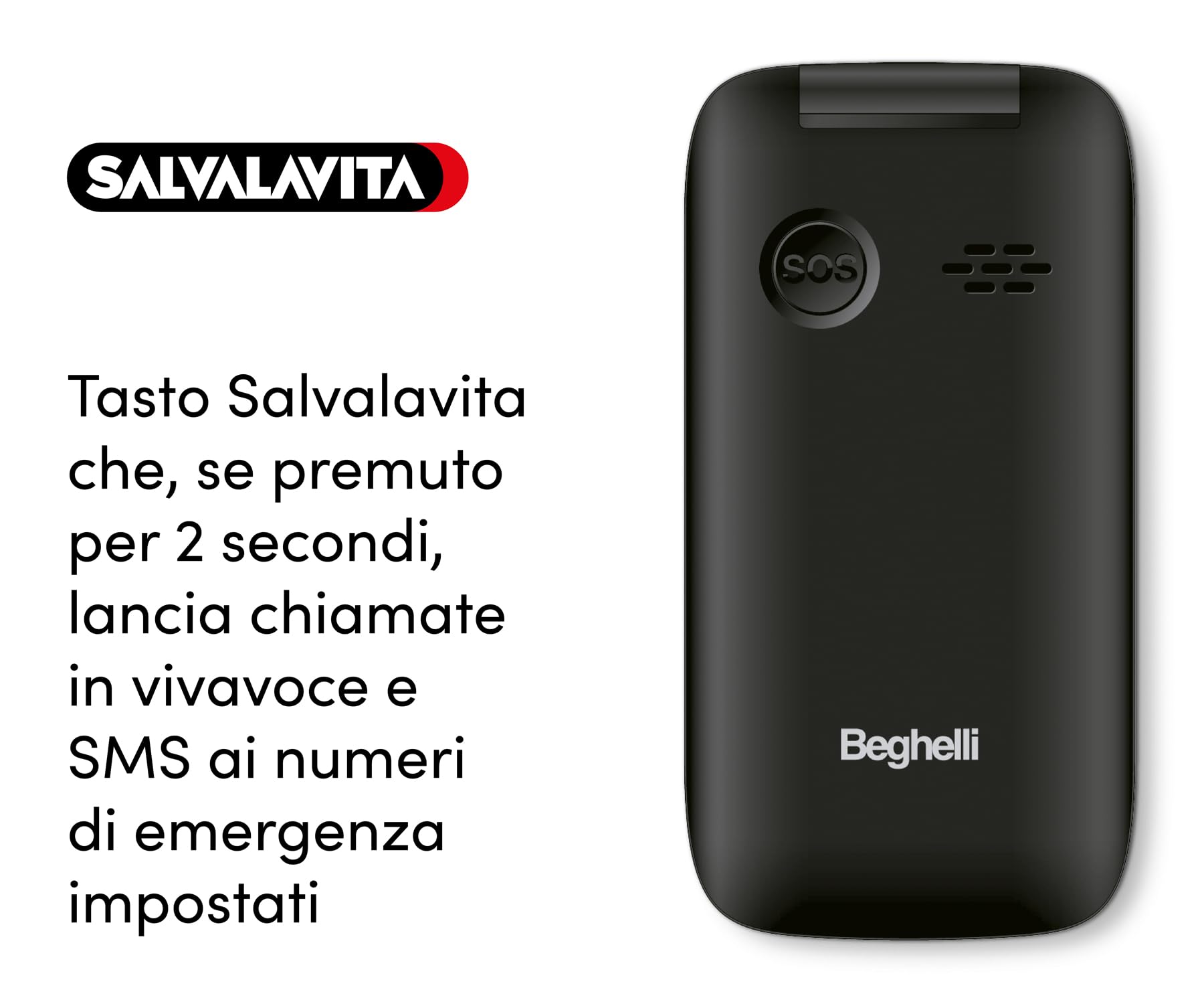 Beghelli - SLV30 Freisprecheinrichtung Plus + Armband für Senioren, GSM SOS, Schnellanruf, tragbare Telekommunikation, GPS, Fallsensor, großes Display, 2,8 Zoll, Weiß