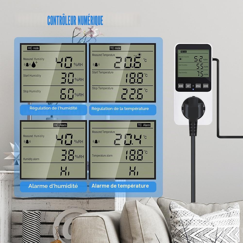 Régulateur d'humidité 230 V, thermostat numérique hygrostat prise avec capteur, interrupteur de température, régulateur d'humidité pour serre, terrarium, humidificateur, aquarium