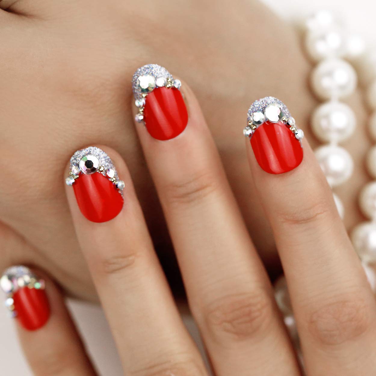 Amazon.com: ArtPlus Fake Nails 24pcs Christmas Red Silver Glittering with  Diamonds Maternity Pre-glued False Nails with Glue Full Cover Oval Short  and Small Nails Art : Everything Else