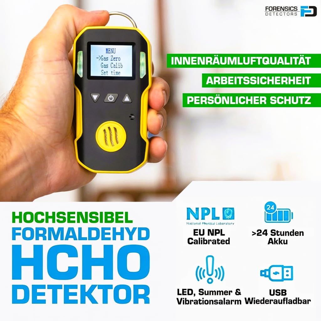 Formaldehyd-Detektor (HCHO) | EU-Kalibrierzertifikat | USB-Aufladung | Akustische, Optische und Vibrationsalarme | 0–10 ppm HCHO
