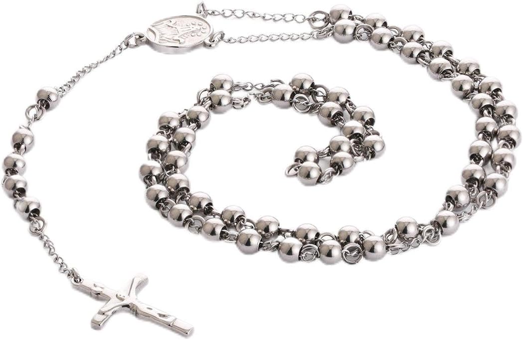 COTTVOTT Stainless Steel 6mm Beads Rosary Catholic Necklace Holy Medal & Crucifix 32inch