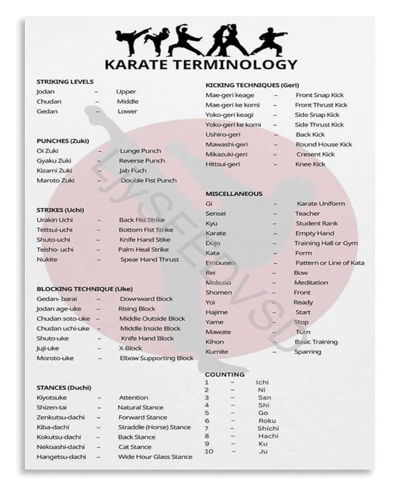 PIUHRKLEVD Karate Training Reference Poster Terminology Educational Guide Martial Arts Canvas Wall-Art for Dojo Studio Home Decor(Framed,16x24inch(40x60cm))