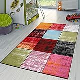 Grosor: 9 mm. T&T Design Alfombra Moderna Cuadros Jaspeada Rojo Negro Gris Verde Salón Habitación Niños, Größe:70x140 cm
